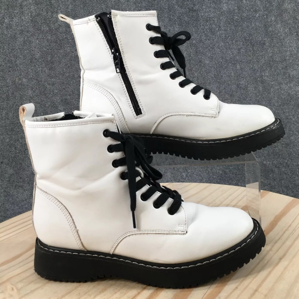 Madden Girl White Combat Moto Boots with Black Accents